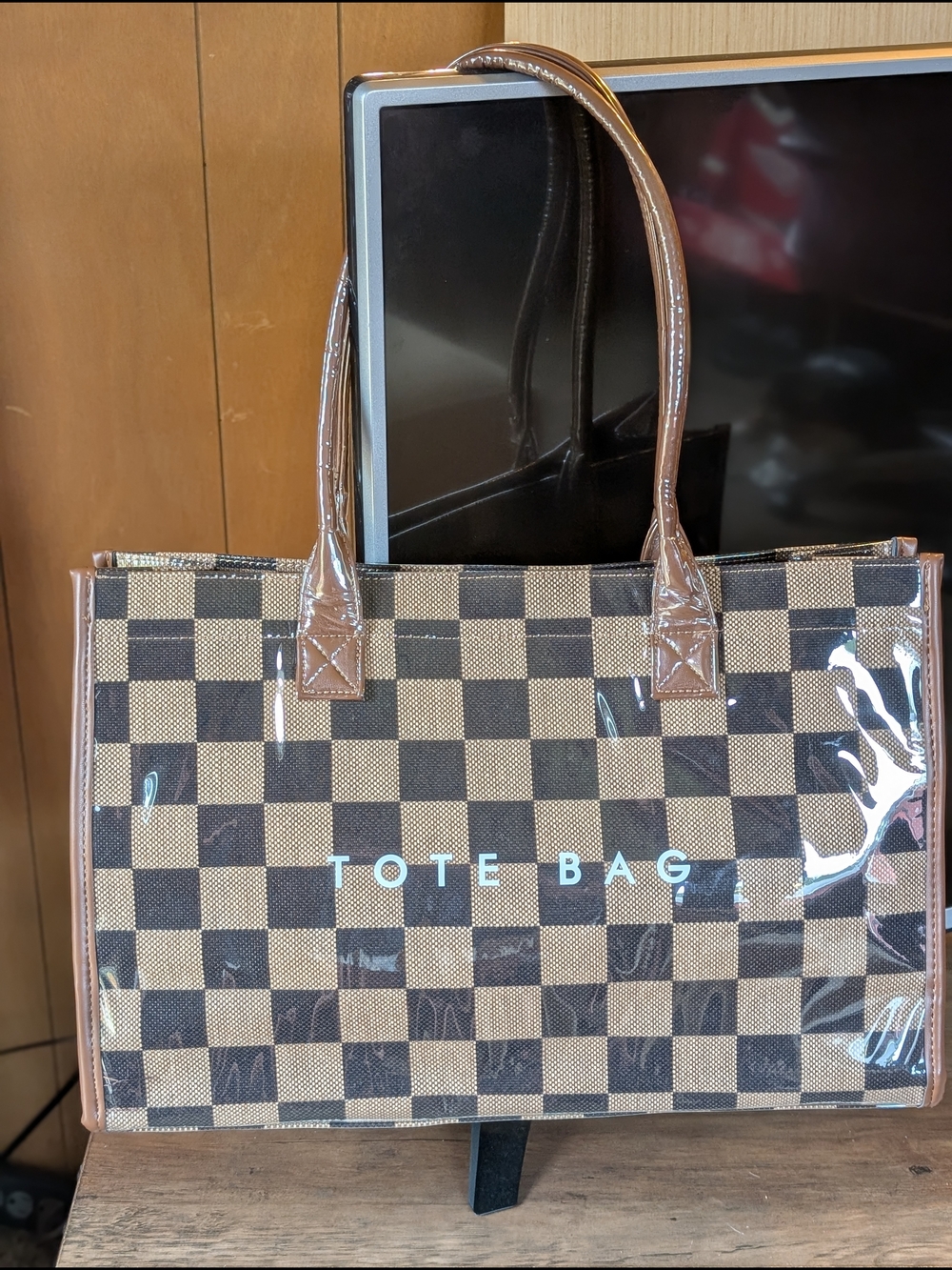 Brown Checkered Tote Bag -